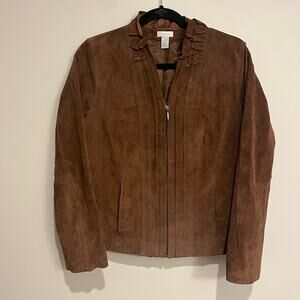 Chico's Jacket Suede Leather Ruffle Neckline Brown Carmel Size 1 (US Medium)